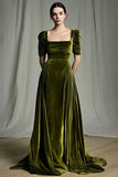 Olive Velvet A-Line Square Neck Ruched Maxi Holiday Dress with Sleeves