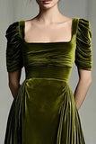 Olive Velvet A-Line Square Neck Ruched Maxi Holiday Dress with Sleeves