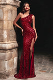 Sparkly Red Sheath One Shoulder Maxi Evening Dress with Slit