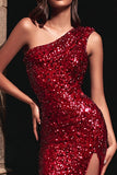 Sparkly Red Sheath One Shoulder Maxi Evening Dress with Slit