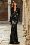 Black Sheath Sequins Cut Out Long Evening Dress with Long Sleeves