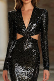 Black Sheath Sequins Cut Out Long Evening Dress with Long Sleeves