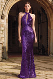 Sparkly Purple Halter Sheath Keyhole Long Evening Party Dress with Sequins