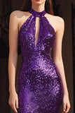 Sparkly Purple Halter Sheath Keyhole Long Evening Party Dress with Sequins