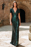 Sparkly Dark Green Sheath V-Neck Long Sequins Party Dress with Short Sleeves