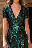 Sparkly Dark Green Sheath V-Neck Long Sequins Party Dress with Short Sleeves