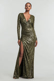 Sparkly Olive Sheath Sequins Long Sleeves Gala Dress with Slit