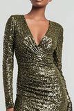 Sparkly Olive Sheath Sequins Long Sleeves Gala Dress with Slit