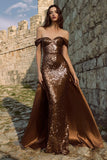 Sparkly Brown Off The Shoulder Sheath Sequins Maxi Evening Dress