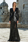 Sparkly Black Sheath Long Sleeves Maxi Gala Dress with Slit