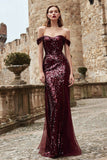 Sparkly Burgundy Sheath Off The Shoulder Sequins Maxi Gala Dress