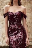 Sparkly Burgundy Sheath Off The Shoulder Sequins Maxi Gala Dress