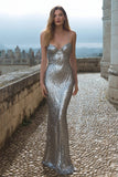 Sparkly Silver Mermaid Spaghetti Straps Maxi Gala Dress