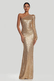 Sparkly Gold Sequins One Shoulder Sheath Maxi Gala Dress