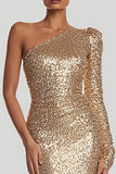 Sparkly Gold Sequins One Shoulder Sheath Maxi Gala Dress