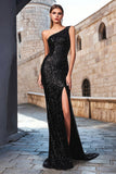 Sparkly Black One Shoulder Sequins Sheath Maxi Gala Dress with Slit