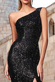 Sparkly Black One Shoulder Sequins Sheath Maxi Gala Dress with Slit