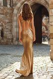 Sparkly Gold Halter Cut Out Sheath Evening Dress
