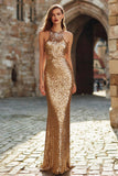 Sparkly Gold Halter Cut Out Sheath Evening Dress