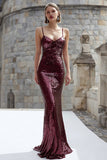 Sparkly Burgundy Mermaid Spaghetti Straps Sequins Maxi Evening Dress