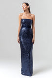 Sparkly Navy Strapless Sheath Maxi Evening Dress with Sequins