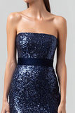 Sparkly Navy Strapless Sheath Maxi Evening Dress with Sequins