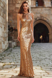 Sparkly Gold Sheath Halter Sequins Maxi Evening Dress with Keyhole