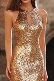 Sparkly Gold Sheath Halter Sequins Maxi Evening Dress with Keyhole