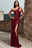 Sparkly Red Sheath One Shoulder Long Gala Dress with Slit