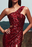 Sparkly Red Sheath One Shoulder Long Gala Dress with Slit