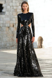 Sparkly Black A-Line Cut Out Sequins Gala Dress with Long Sleeves