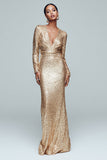 Sparkly Gold Sheath Sequins V-Neck Gala Dress with Long Sleeves