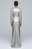 Sparkly Gold Sheath Sequins V-Neck Gala Dress with Long Sleeves