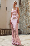 Sparkly Pink Sheath Square Neck Maxi Evening Dress with Sequins