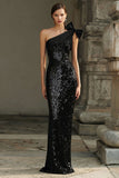 Sparkly Black Sheath One Shoulder Sequins Evening Dress with Bow