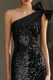Sparkly Black Sheath One Shoulder Sequins Evening Dress with Bow