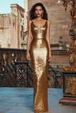 Sparkly Gold Sheath Scoop Neck Long Evening Dress
