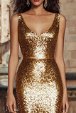Sparkly Gold Sheath Scoop Neck Long Evening Dress