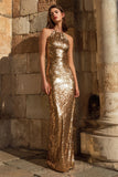 Saprkly Gold Sheath Halter Maxi Gala Dress