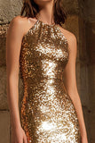 Saprkly Gold Sheath Halter Maxi Gala Dress