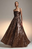 Brown Strapless A-Line Maxi Gala Dress with Sequins