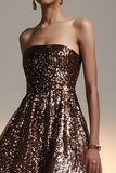 Brown Strapless A-Line Maxi Gala Dress with Sequins