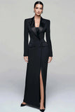 Black Sheath Peak Lapel Double Breasted Work Dress with Slit