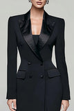 Black Sheath Peak Lapel Double Breasted Work Dress with Slit