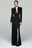 Black 2 Piece Peak Lapel Single Breasted Work Dress with Slit