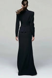 Black 2 Piece Peak Lapel Single Breasted Work Dress with Slit