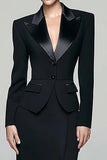 Black 2 Piece Peak Lapel Single Breasted Work Dress with Slit