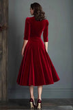 Burgundy A Line V Neck Velvet Midi Work Dress with Half Sleeves