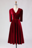 Burgundy A Line V Neck Velvet Midi Work Dress with Half Sleeves