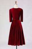 Burgundy A Line V Neck Velvet Midi Work Dress with Half Sleeves
